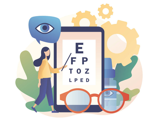 Ophthalmology concept. Eye check up. Ophthalmologist checks patient sight. Modern flat cartoon style. Vector illustration - Vector, Image