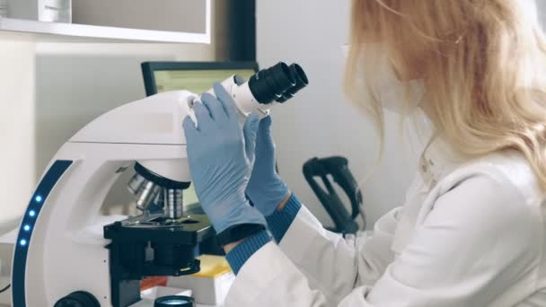 Μικροβιολόγος λειτουργεί με μικροσκόπιο σε ένα εργαστήριο και ερευνητικό κέντρο. Μια γυναίκα καυκάσιας εθνικότητας εξετάζει δείγματα αίματος στο μικροσκόπιο. Ο ερευνητής εργάζεται στο εργαστήριο - Πλάνα, βίντεο