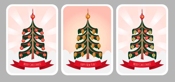 Νέο Έτος και Χριστουγεννιάτικη κάρτα σετ με χριστουγεννιάτικο πεύκο, μπιχλιμπίδια και κώνους. Holiday Greetings Card Collection σε Vintage στυλ με στρογγυλεμένες γωνίες και στυλ bigbamm γύρω από ακτίνες. Εικονογράφηση διανύσματος - Διάνυσμα, εικόνα