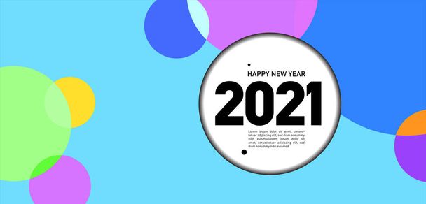 Feliz Año Nuevo 2021 tarjeta, brillante folleto ilustración vector con círculos de color - Vector, imagen
