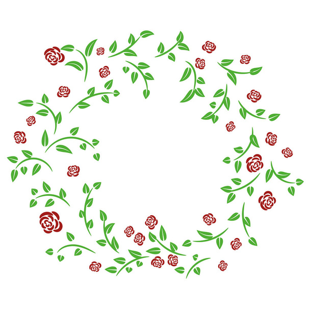 round frame of floral ornament with green leaves and red flowers - ベクター画像