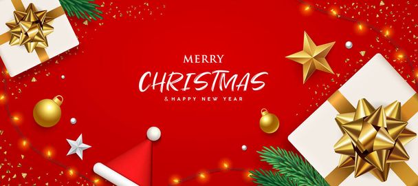 Весела різдвяна біла подарункова коробка золота стрічка банери дизайну на червоному тлі, Eps 10 Векторні ілюстрації
 - Вектор, зображення