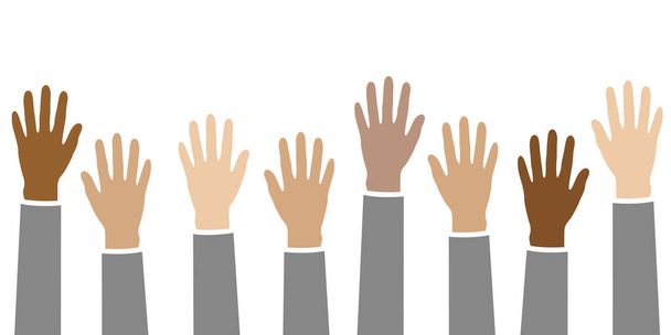 raised hands in different skin colors isolated on white - Vettoriali, immagini