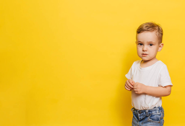 Πορτρέτο ενός χαριτωμένου μικρού αγοριού σε κίτρινο φόντο. Αντιγραφή χώρου. - Φωτογραφία, εικόνα
