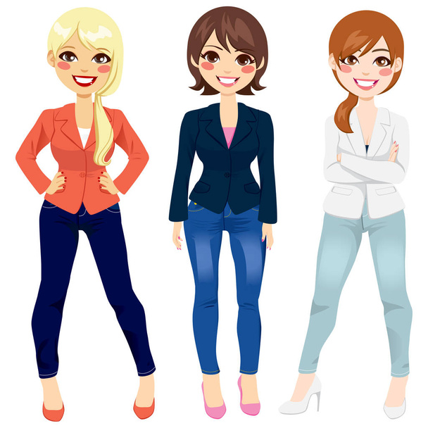 Three beautiful women dressed in smart casual fashion clothing in different poses - Vector, Imagen