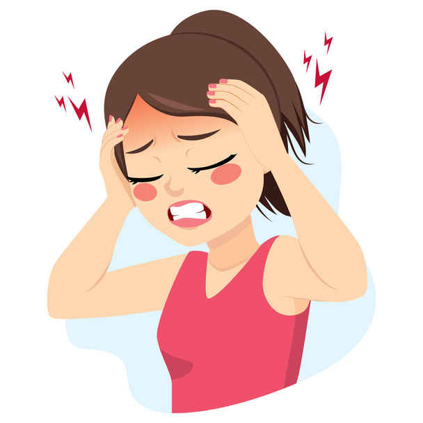 Young teenager woman suffering migraine headache problem holding head with hands - Vector, Imagen