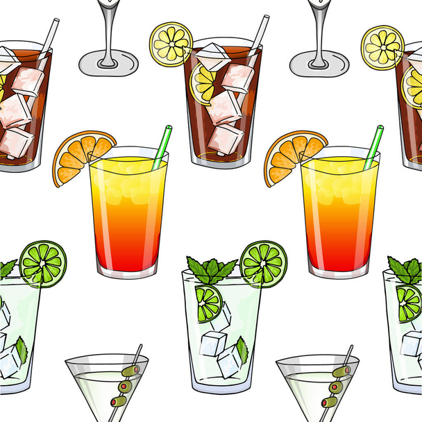 Seamless pattern. glass of mojito Long Island Ice Tea White background. Hand drawing Vector illustration. cartoon style. - Διάνυσμα, εικόνα