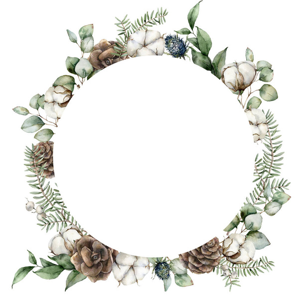 Υδατογραφία Χριστουγεννιάτικος κύκλος με κουκουνάρια, φύλλα ευκαλύπτου, κλαδιά ελάτης και βαμβακερά λουλούδια. Χειροποίητη εικόνα διακοπών απομονωμένη σε λευκό φόντο. Για σχεδιασμό, εκτύπωση ή φόντο. - Φωτογραφία, εικόνα