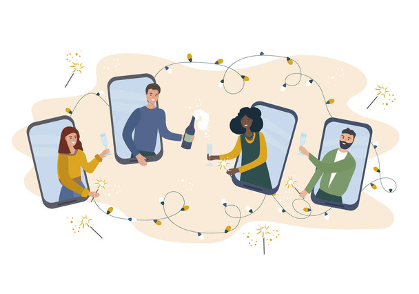 Online party. Friends celebrate, have fun, drink wine in video chat in smartphones. During the quarantine people celebrate important events and holidays remotely. video call. vector flat card - Vector, Image
