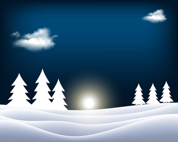 Зимний мотив Рождества, винтажный фонарь в снежной природе с большой луной на заднем плане, векторная иллюстрация, с прозрачностью и градиентной сеткой - Вектор,изображение