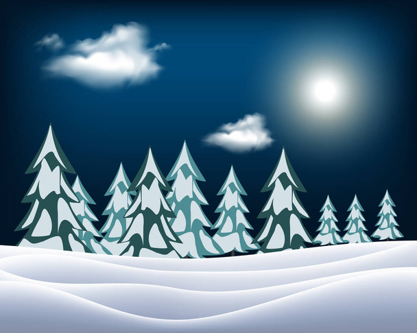 Vektorillustration. Winternachtslandschaft. Himmel mit Wolken und Mond, verschneites Feld, Wald, Schnee. Weihnachtlicher Hintergrund. - Vektor, Bild