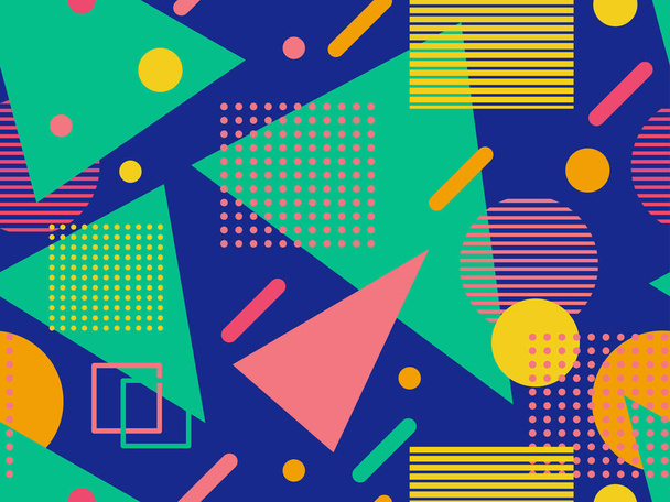 Nahtloses Muster mit geometrischen Formen im Stil der 80er Jahre. Mehrfarbiger Vintage-Hintergrund mit Dreiecken, Kreisen und Quadraten für Broschüren, Banner und Packpapier. Vektorillustration - Vektor, Bild
