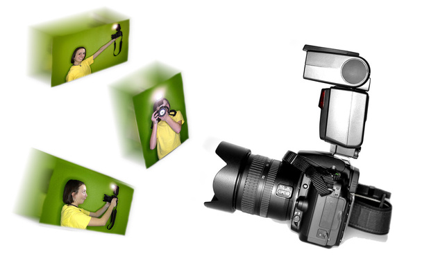 digitale Slr-Kamera mit Blitz und Portraits - Foto, Bild