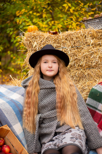 aranyos barna tini lány fekete kalap és szürke kabát közel őszi elemek dekoráció - sütőtök, kockás, széna. Hangulat, ősz.  - Fotó, kép