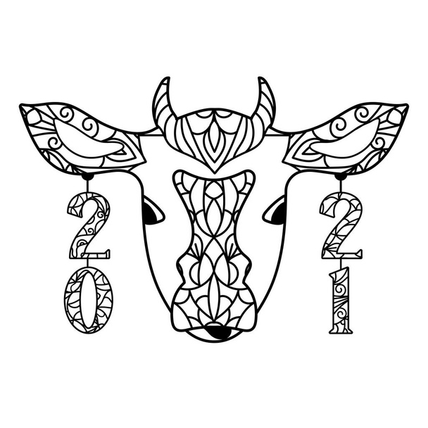 Głowa krowy z ozdobnymi elementami ażurowymi. Symbol 2021 r. - Wektor, obraz