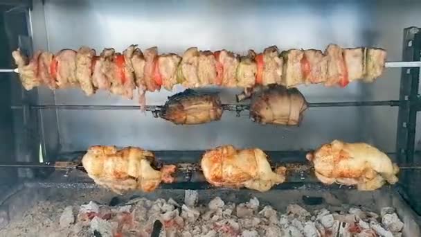 Barbacoa de pollo en la parrilla con carne de res, cordero, cabra - Metraje, vídeo