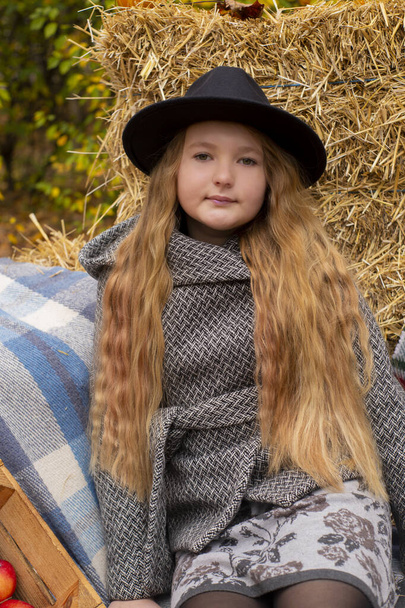 schattig brunette tiener meisje in zwarte hoed en grijze jas in de buurt van de herfst elementen decoratie - pompoenen, plaid, hooi. Gezelligheid, herfst.  - Foto, afbeelding