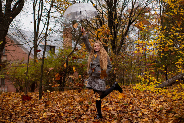 χαριτωμένο όμορφη έφηβη μελαχρινή κοπέλα σε ένα γκρι παλτό κρατώντας μια διάφανη ομπρέλα με φύλλα που πέφτουν πάνω της. Άνεση, φθινόπωρο. - Φωτογραφία, εικόνα