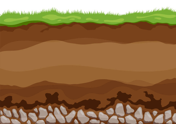 Bodenschichten. Oberflächenhorizonte obere Schicht der Erdstruktur mit einem Gemisch aus organischer Materie, Mineralien. Schmutz und unterirdische Lehmschicht unter grünem Gras - Vektor, Bild