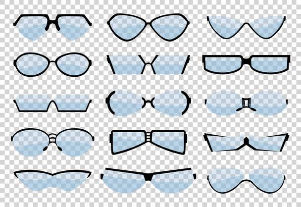 Γυαλιά γραμμή τέχνη σιλουέτα, γυαλιά και οπτικά αξεσουάρ. Κλασικό ιατρικό οφθαλμικό σετ. Διάνυσμα γυαλιά απομονωμένη εικόνα σε διαφανές φόντο. Διάφορα σχήματα. Πρότυπα εικονίδια γυαλιών - Διάνυσμα, εικόνα