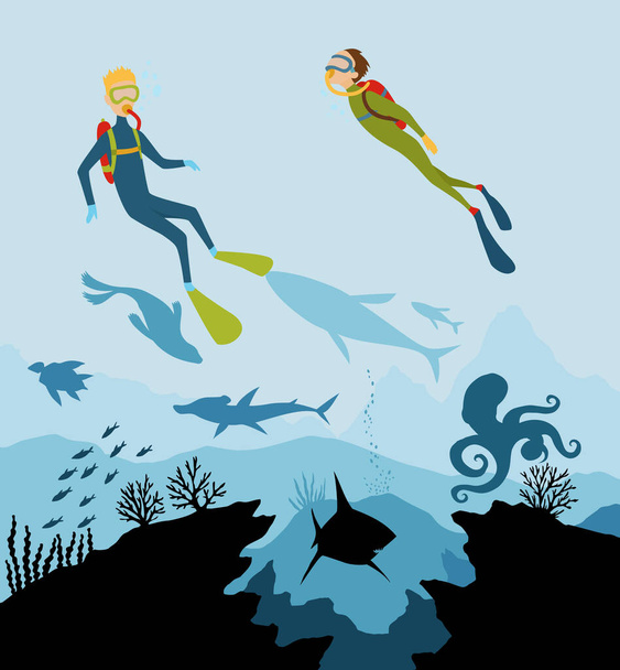 Potápěčské průzkumníky a útesy pod vodou volně žijící zvěř. Silueta korálového útesu s rybami a potápěčem na modrém mořském pozadí. Divoká mořská zvěř. Přírodní vektorová ilustrace - Vektor, obrázek