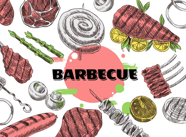 肉トップビューフレームのコレクション。刻まれたデザインのバナー。bbqデザインテンプレートに用意されているさまざまな要素の色背景。ヴィンテージハンドスケッチベクトルイラスト。栄養価が高い - ベクター画像