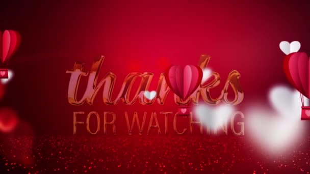 4K Seamless looping Golden Thanks for Watching with beautiful heart and balloon επιπλέουν σε κόκκινο φόντο. 3D γραφικά κίνησης που τελειώνουν τον τίτλο για τα Χριστούγεννα, Πρωτοχρονιά, Αγίου Βαλεντίνου, Εορταστική, ρομαντική.  - Πλάνα, βίντεο