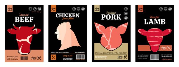 Set slagerijlabel sjablonen. Iconen van landbouwhuisdieren voor boodschappen, vleeswinkels, verpakkingen en reclame. Ontwerp van vectoretiketten - Vector, afbeelding