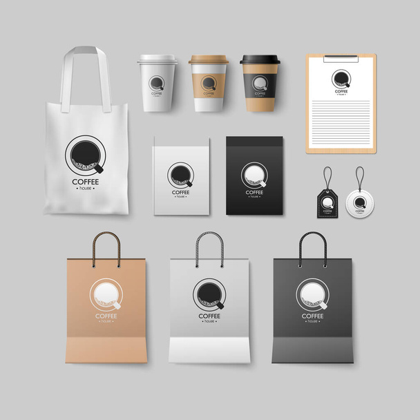 コーヒーショップモックアップセット、企業のためのコーヒーパッケージデザイン、ベクトルイラスト - ベクター画像