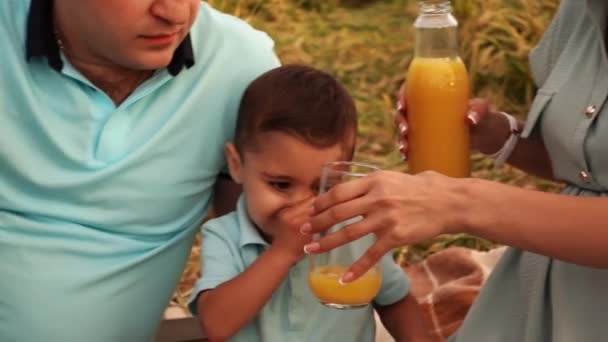 Белая пара с сыном пьют сок на пикнике в замедленной съемке - Кадры, видео