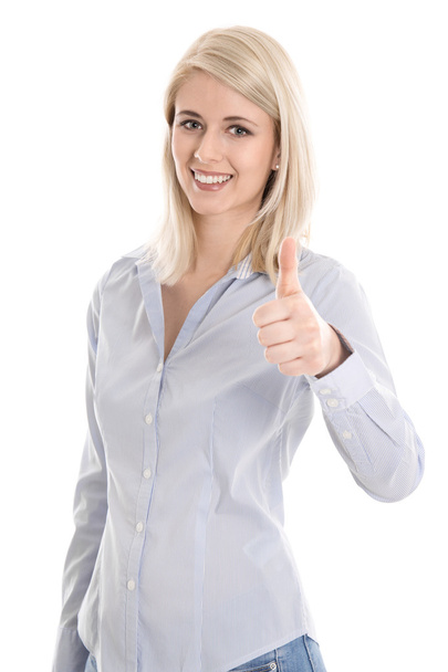 Isolated successful blonde trainee with thumb up on white. - Foto, Imagen