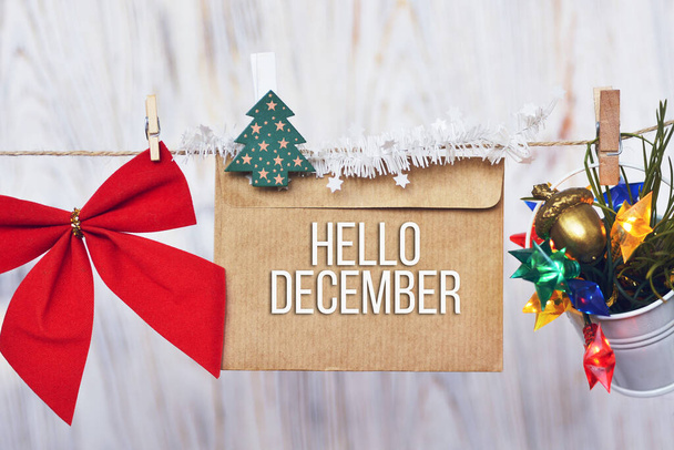  hello december holidays design card background new year and christmas ornament decor - Valokuva, kuva