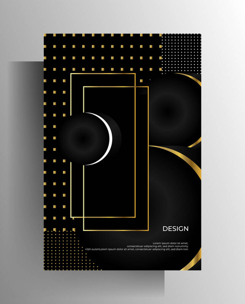 Cover design template for book, magazine, booklet, brochure, catalog, poster. Austere black pattern with geometric gold and white lines and dots. 10 EPS vector. - Vector, Image