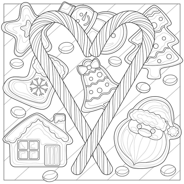 Christmas candies and gingerbread.Coloring book antistress for children and adults.Zen-tangle style.Black and white drawing - Vector, Image