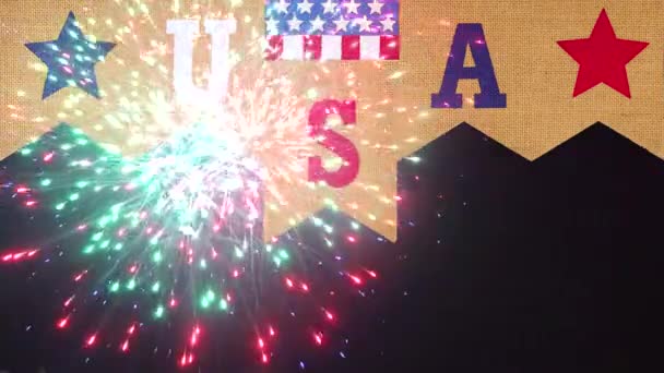 God Bless America Happy Fourth of July celebrating United States America flag sparks nighttime fireworks show - Кадры, видео