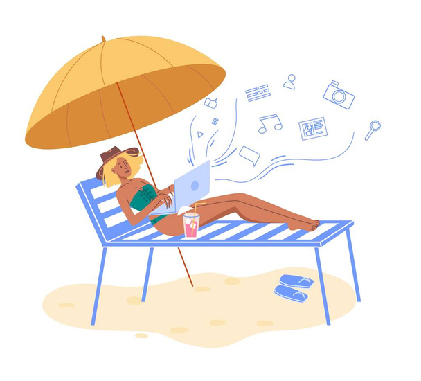 Flat cartoon character surfing internet on travel vacation, vector illustration concept - Vector, Image