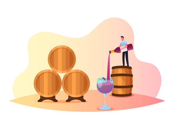 Malý muž postava stojí na obrovském sudu nalévání vína ve skle. Ochutnávka vína v trezoru, Vinařská baterie, Macerace - Vektor, obrázek