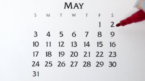 Női kéz kör nap naptár dátum egy piros marker. Üzleti alapok Falinaptár tervező és szervező. Május 9. - Felvétel, videó