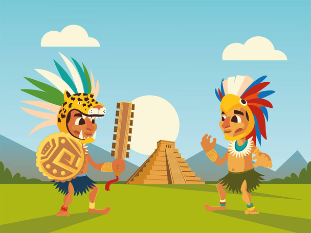 azteekse krijgers in hoofddeksel en piramidelandschap - Vector, afbeelding