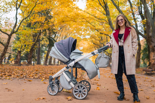 Moeder wandeling met pasgeboren baby in de frisse lucht van de herfst park - Foto, afbeelding