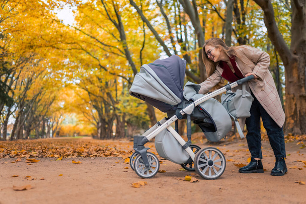 Весела мама грає з новонародженою дитиною в колясці. Жінка гуляє в парку з коляскою
 - Фото, зображення