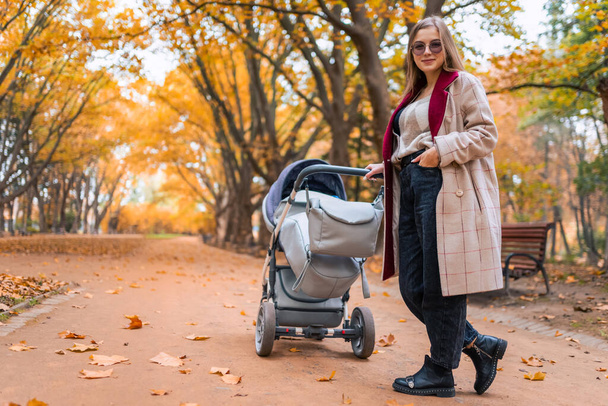 Portrait of a young mother with  baby in stroller - Photo, Image