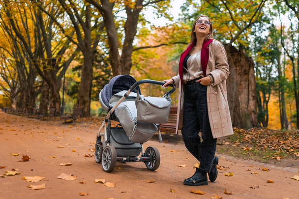 Χαμογελώντας μαμά με καροτσάκι μωρού στο πάρκο - Φωτογραφία, εικόνα