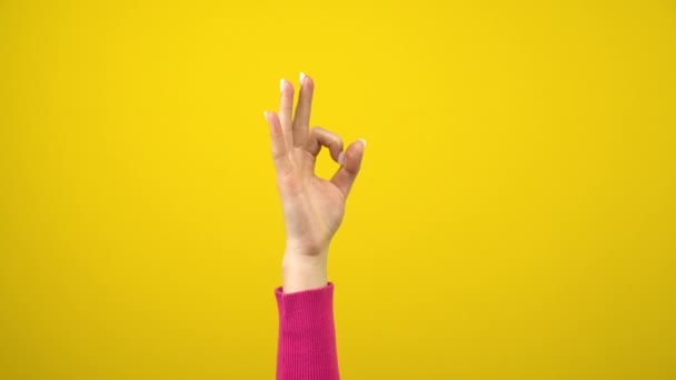 La mano femminile mostra il segno ok. Studio fotografia su uno sfondo giallo isolato. - Filmati, video