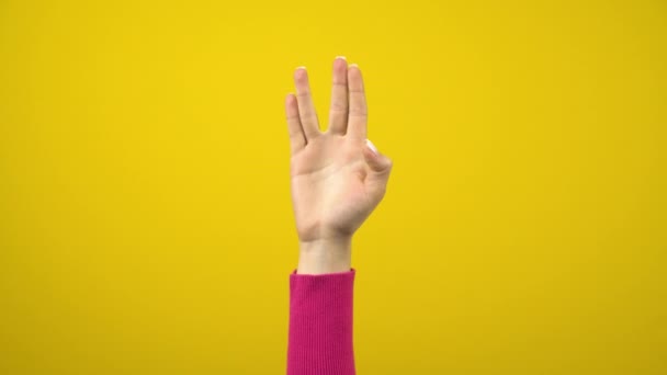 Egy női kéz egy idegen üdvözlőjelet mutat. Stúdió fotózás izolált sárga háttér. - Felvétel, videó