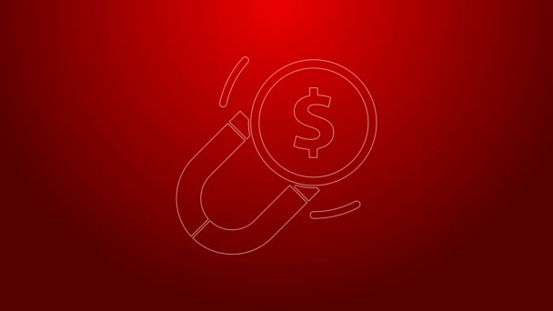 Linea verde Magnete con icona di denaro isolato su sfondo rosso. Concetto di attrarre investimenti. Grande attrazione di profitto aziendale e di successo. Animazione grafica 4K Video motion - Filmati, video