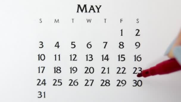Día de círculo de la mano femenina en la fecha del calendario con un marcador rojo. Conceptos básicos de negocio Wall Calendar Planner and Organizer. 30 de mayo - Metraje, vídeo