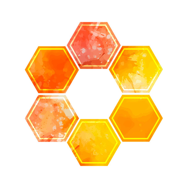 Yellow watercolor honeycomb with splashes on a white background. Beehive and wax. Golden warm honey. Vector element for logos, icons and your design - Vecteur, image