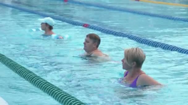 Три женщины старшего возраста занимаются аква-гимнастикой в бассейне. - Кадры, видео