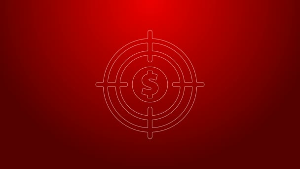 Vihreä viiva Target dollarin symboli kuvaketta eristetty punaisella taustalla. Sijoituskohde kuvake. Menestyksekäs liikeidea. Käteisellä tai rahalla. 4K Video motion graafinen animaatio - Materiaali, video
